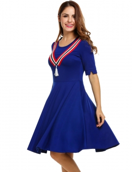 

Blue Women Half Sleeve Plain O Neck Pullover Color Block Casual Dresses, Multicolor