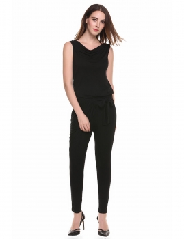 

Black Cowl Neck Sleeveless Bandage Solid Slim Pocket Jumpsuit, Multicolor