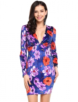 

Blue Vintage Style Deep V-Neck Long Sleeve Floral Pencil Short Dress, Multicolor