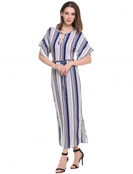 

Blue Elegant Keyhole Batwing Sleeve Striped Long Maxi Dress, Multicolor