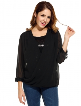 

3"4 Sleeve Sequined Faux Wrap Draped Loose Top, Multicolor