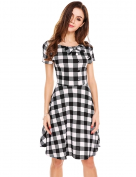 

Black"White Vintage Style Short Sleeve High Waist Plaid Swing Dress, Multicolor