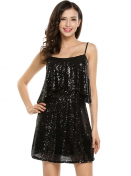 

Black Ruffles Spaghetti Straps Sequins Mesh Patchwork Dress, Multicolor