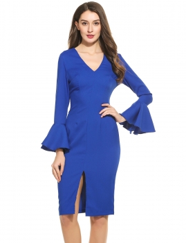 

Blue Women Fashion Elegant Slim V-Neck Long Flare Sleeve Solid Bodycon Pencil Dress, Multicolor