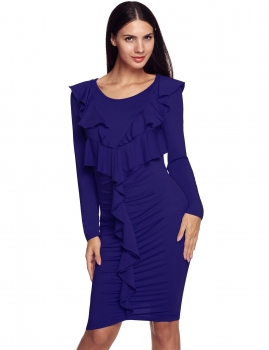 

Blue Women O-Neck Long Sleeve Draped Sexy Bodycon Slim Party Dresses, Multicolor