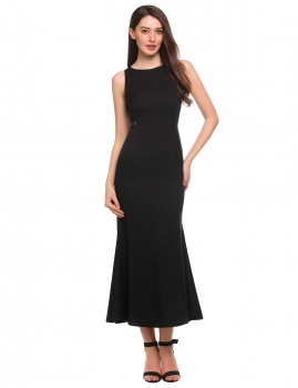 

Black O-Neck Sleeveless Back Hollow Out Lace Slim Maxi Mermaid Dress, Multicolor