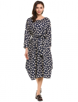 

Blue Vintage Style Loose Batwing Long Sleeve Floral Casual Dress, Multicolor