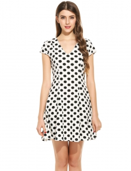 

White New Women Casual V-Neck Cap Sleeve Dot Pleated A-Line Dress, Multicolor