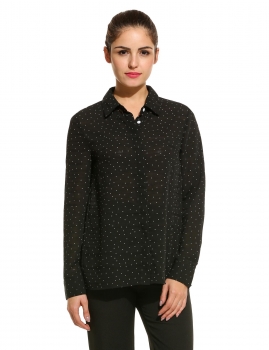 

Dotted Trun-Down Neck Long Sleeve Comfy Chiffon Shirt, Multicolor