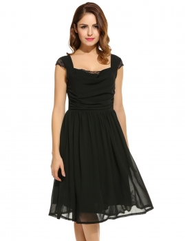 

Women Casual Chiffon Sleeveless Patchwork Square Neck Pleated A-Line Dress, Multicolor