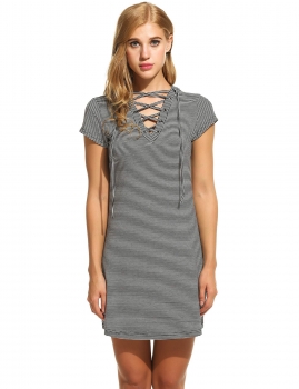 

Black New Women V-Neck Lace-up Short Sleeve Striped Casual Dresses, Multicolor