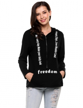 

Black Hooded Long Sleeve Print Pullover Zipper Pocket Hoodie, Multicolor