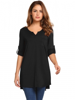 

Black 3"4 Sleeve Solid Notched Neck Split Tunic Tops, Multicolor