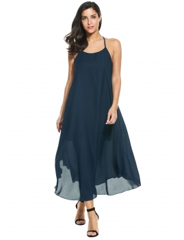 

Women Fashion Halter Sleeveless Solid Party Beach Chiffon Long Maxi Dress, Multicolor