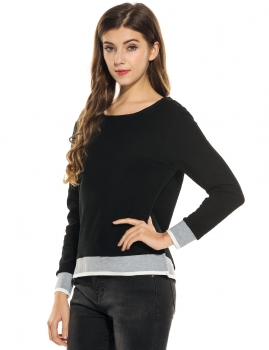 

Black Pleated Side Split Backless O-Neck Long Sleeve Patchwork Loose Pullover T-Shirt, Multicolor