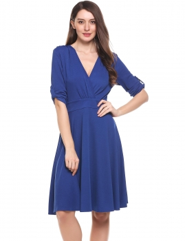 

Blue V-Neck Three Quarter Sleeve Tunic A-Line Elastic Going Out Dress, Multicolor