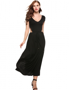 

Black Double V-Neck Adjustable Lace-up Waist Hollow Out Side Split Casual Dress, Multicolor