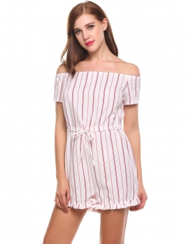 

Red Off the Shoulder Short Sleeve Striped Ruffle Brim Romper, Multicolor