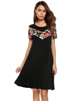 

Black Floral Applique O-Neck Short Sleeve Soft Loose Dress, Multicolor