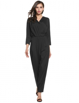 

Black Pleated V-Neck 3"4 Sleeve Solid Pocket Jumpsuits, Multicolor