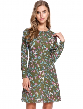 

Army green Long Sleeve Print O Neck Pullover Tunic Dress, Multicolor