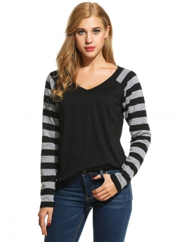 

Black New Women Casual V-Neck Long Sleeve Striped Patchwork Top, Multicolor