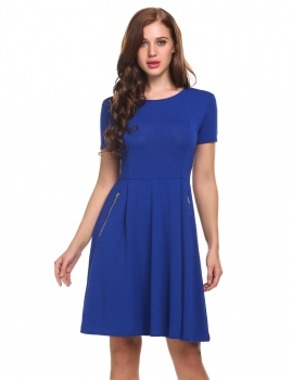 

Blue Short Sleeve Solid Fit and Flare Zip Pockets Casual Dress, Multicolor