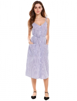 

Dark blue Vintage Style Striped Patch Pockets Sundress, Multicolor