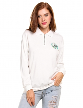 

White Turn Down Collar Embroidered Quarter-Zip Sweatshirt, Multicolor