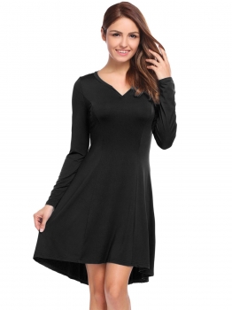

Black Long Sleeve Solid V Neck A-Line Dress, Multicolor