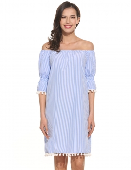 

Women Casual Half Sleeve Striped Off the Shoulder Tassel Sexy Straight Dress, Multicolor