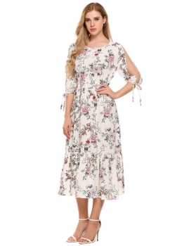 

White Half Sleeve Keyhole Back Elastic Floral Maxi Dress, Multicolor