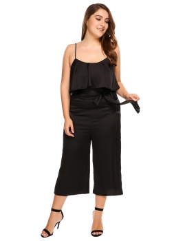 

Black Plus Size Spaghetti Strap Wide Leg Pants Solid Loose Jumpsuit, Multicolor