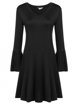 

Black New Women Casual V-Neck Ruffle Long Sleeve Solid Pleated Dress, Multicolor