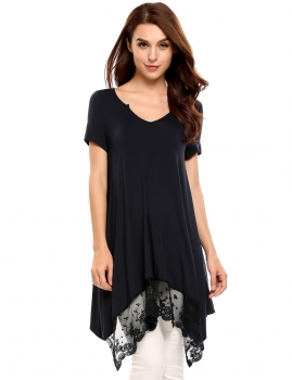 

Navy blue Lace Trimmed Asymmetrical Hem Casual Tunics, Multicolor