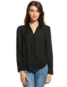 

Black Long Sleeve Button Down Collar Solid Loose Basic Shirts & Blouses, Multicolor