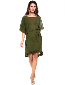 

Army green Women Batwing Sleeve Backless Ruffles Loose Chiffon Dress, Multicolor