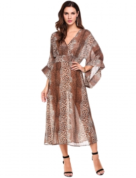 

Apricot Deep V-Neck 3"4 Sleeve Wrap Front Leopard Chiffon Casual Dress, Multicolor