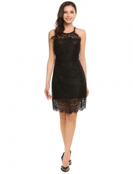 

Black Sleeveless Spaghetti Straps Lace Hollow Out Going Out Dress, Multicolor