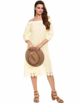 

Apricot Lace Trim Patchwork Hem Off the Shoulder Pullover 3"4 Sleeve Dress, Multicolor