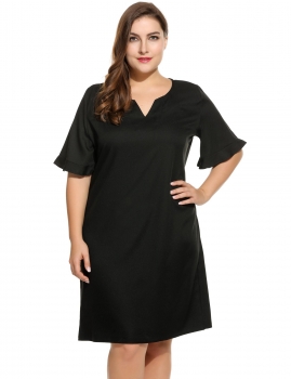 

Women's Notch Neck Flare Sleeve Solid Casual Shift Dress Plus Size, Multicolor