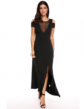 

Black Sleeveless Mesh Patchwork O Neck Cold Shoulder Evening Maxi Dress, Multicolor