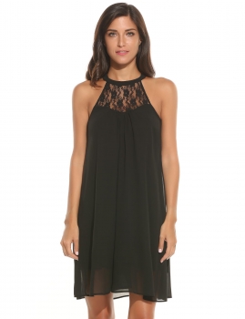 

Black Women Casual Sleeveless Lace Patchwork O Neck Pullover Straight Chiffon Dress, Multicolor