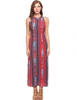 

Red Casual Sleeveless Print O Neck Slim Spaghetti Straps Package Hip Maxi Dress, Multicolor