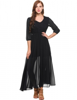 

Black Casual 3"4 Sleeve Solid V Neck Chiffon Vintage Split Maxi Dress, Multicolor