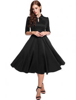 

Black Vintage Style Peter Pan Collar Half Sleeve Swing Casual Dress, Multicolor