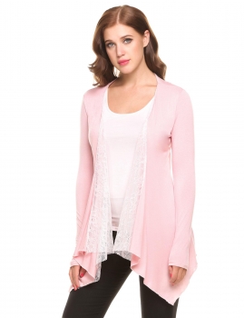 

Pink Open Front Long Sleeve Irregular Hem Lace Patchwork Cardigans, Multicolor
