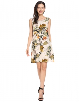 

Beige Floral Tie Back Sleeveless A-Line Short Dress, Multicolor