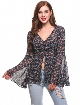 

Dark blue V-Neck Bell Sleeve Floral Print Button Down Chiffon Blouse, Multicolor