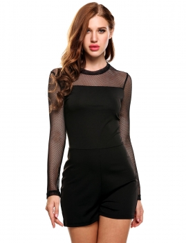 

Black Stand Collar Long Sleeve Net Patchwork Hollow Out Elastic Slim Rompers, Multicolor